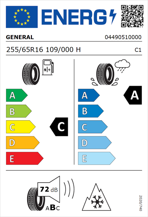 Tyre Label for General Grabber GT Plus 255/65R16 109/000H