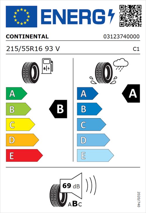 Tyre Label for Continental UltraContact 215/55R16 93V