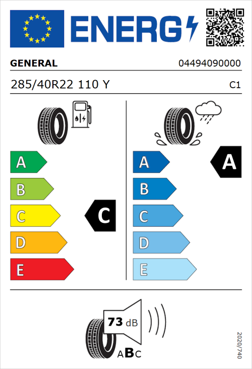 Tyre Label for General Grabber GT Plus 285/40R22 110Y