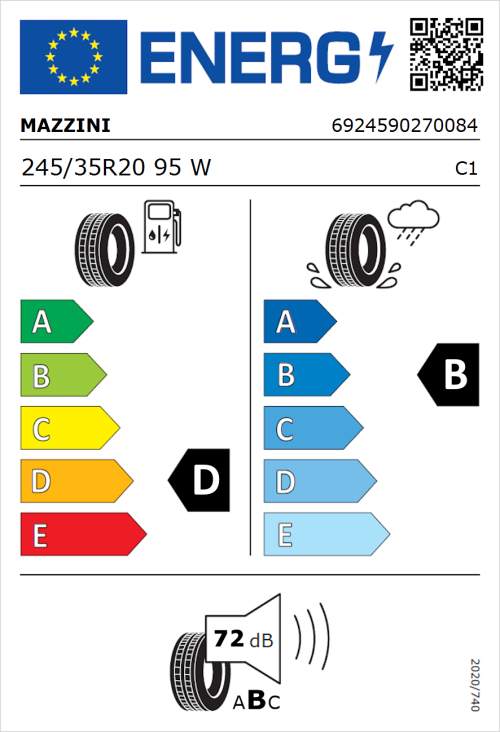 Tyre Label for Mazzini Eco 607 245/35R20 95W
