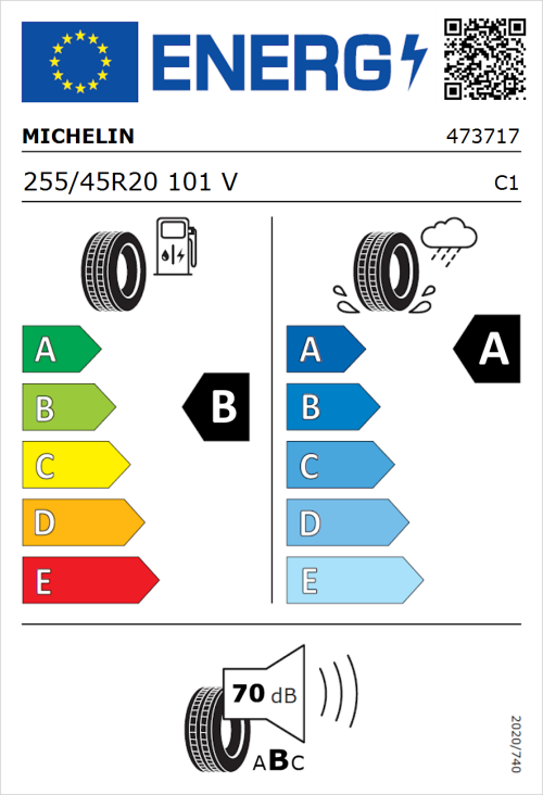 Tyre Label for Michelin Primacy 4 255/45R20 101V