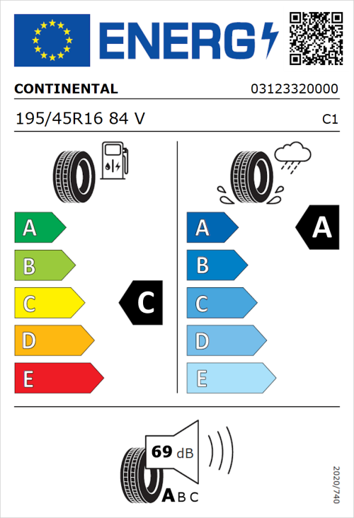 Tyre Label for Continental UltraContact 195/45R16 84V