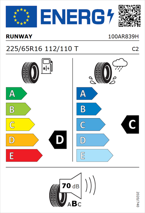 Tyre Label for Runway Enduro 616 225/65R16 112/110T
